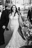 Elegant White V-neck Backless Mermaid Wedding Dresses With Lace-misshow.com