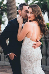 Elegant White V-neck Backless Mermaid Wedding Dresses With Lace-misshow.com