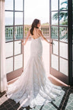 Elegante weiße rückenfreie Meerjungfrau-Hochzeitskleider mit V-Ausschnitt und Spitze
