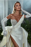 Elegant White V-neck Beading Sleeveless A-line Wedding Dress With Slit-misshow.com