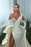 Elegant White V-neck Beading Sleeveless A-line Wedding Dress With Slit-misshow.com