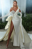 Elegantes, weißes, ärmelloses Brautkleid in A-Linie mit V-Ausschnitt und Schlitz