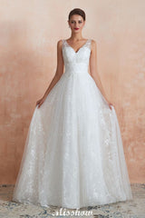 Looking for  in Tulle, A-line,Ball Gown,Princess style, and Gorgeous Lace,Beading,Sequined work  MISSHOW has all covered on this elegant Elegant White V-Neck Princess Wedding Dress Aline Tulle Lace Bridal Gown