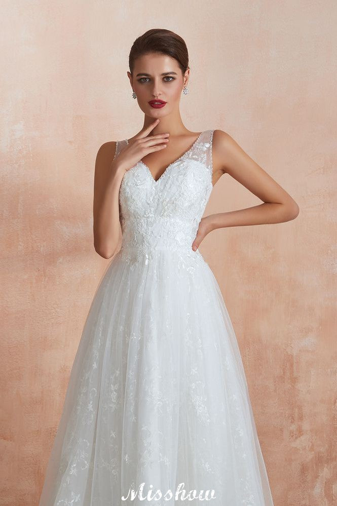 Looking for  in Tulle, A-line,Ball Gown,Princess style, and Gorgeous Lace,Beading,Sequined work  MISSHOW has all covered on this elegant Elegant White V-Neck Princess Wedding Dress Aline Tulle Lace Bridal Gown