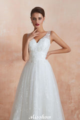 Looking for  in Tulle, A-line,Ball Gown,Princess style, and Gorgeous Lace,Beading,Sequined work  MISSHOW has all covered on this elegant Elegant White V-Neck Princess Wedding Dress Aline Tulle Lace Bridal Gown