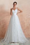 Elegant White V-Neck Princess Wedding Dress Aline Tulle Lace Bridal Gown