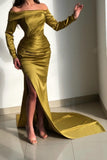 Elegant Yellow Off-the-shoulder Long-Sleeve Mermaid Long-Sleeve Prom Dresses-misshow.com