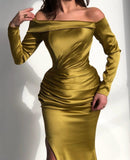 Elegant Yellow Off-the-shoulder Long-Sleeve Mermaid Long-Sleeve Prom Dresses-misshow.com