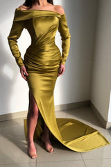 Elegant Yellow Off-the-shoulder Long-Sleeve Mermaid Long-Sleeve Prom Dresses-misshow.com