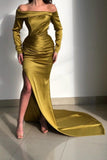 Elegante gelbe schulterfreie Langarm-Meerjungfrau-Langarm-Abschlussballkleider
