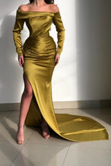 Elegant Yellow Off-the-shoulder Long-Sleeve Mermaid Long-Sleeve Prom Dresses-misshow.com