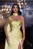 Elegant Yellow One Shoulder Long Sleeve Mermaid Prom Dress With Slit-misshow.com