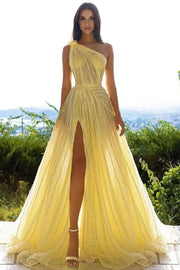 Elegant Yellow One Shoulder Sequined A-line Prom Dress With Slit