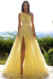 Elegant Yellow One Shoulder Sequined A-line Prom Dress With Slit-misshow.com