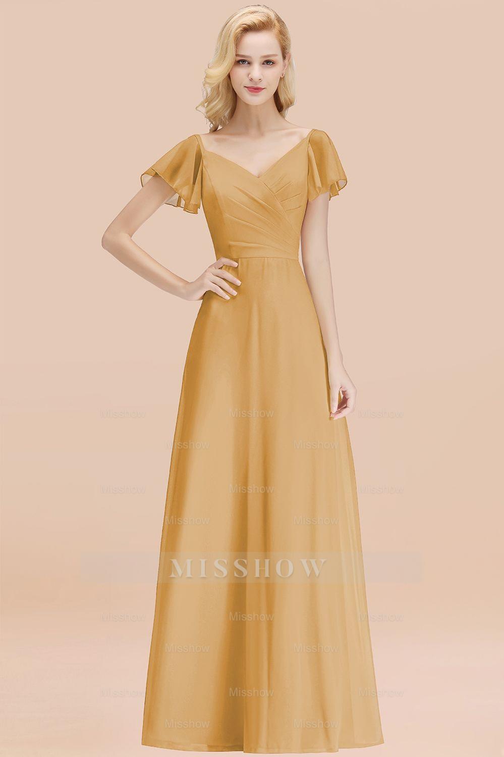Elegent Short-Sleeve Long Bridesmaid Dresses Yellow Chiffon Wedding Pa misshow.com Elegent Short-Sleeve Long Bridesmaid Dresses Yellow Chiffon Wedding Pa misshow.com