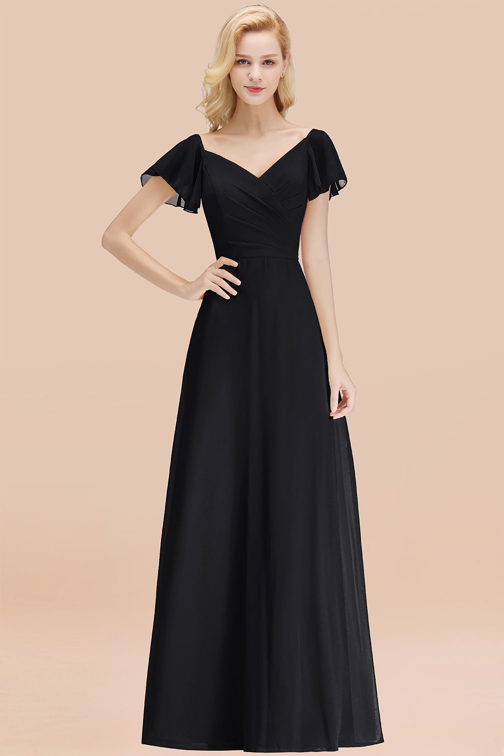Elegent Short-Sleeve Long Bridesmaid Dresses Yellow Chiffon Wedding Party Dress Elegent Short-Sleeve Long Bridesmaid Dresses Yellow Chiffon Wedding Party Dress