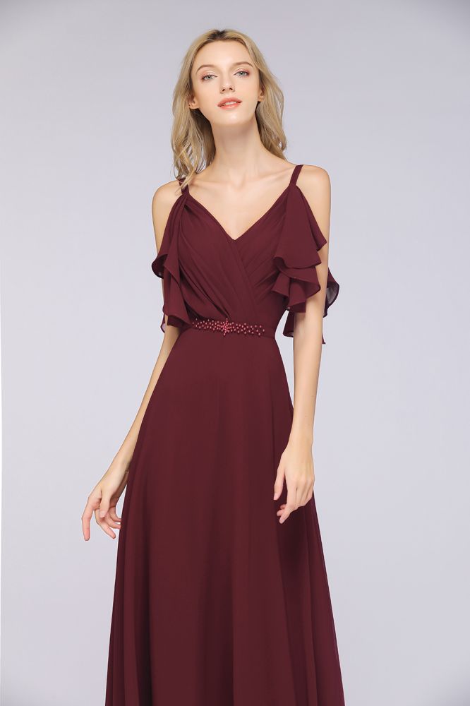 MISSHOW offers Elgant Ruffles Chiffon Floor-Length Bridesmaid Dress Aline Pearls Sleeveless Wedding Party Dress at a good price from Misshow