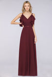 Elgant Ruffles Chiffon Floor-Length Bridesmaid Dress Aline Pearls Sleeveless Wedding Party Dress