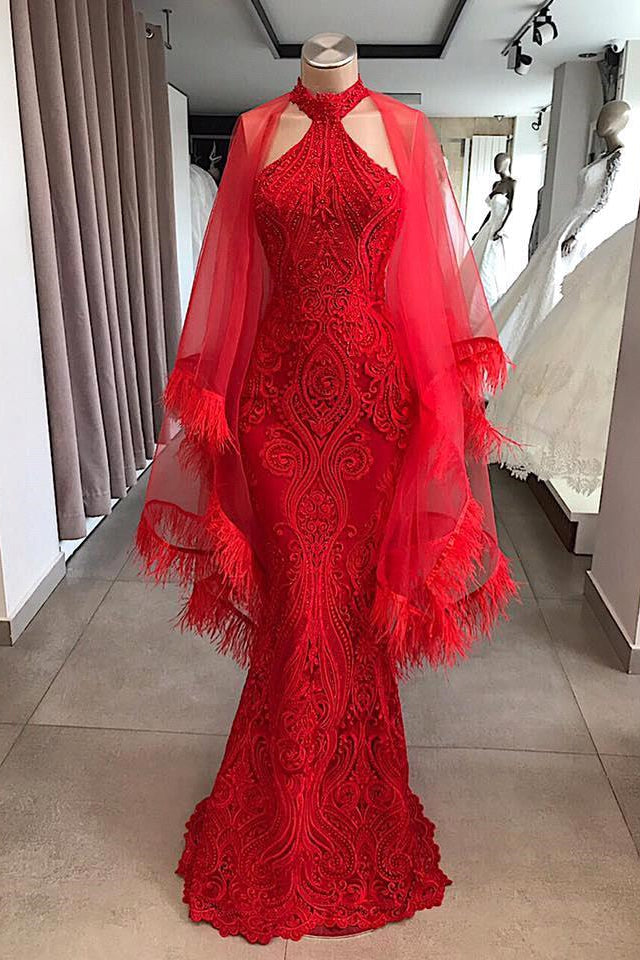 Evening Dresses Long Red Lace Cocktail Dress-misshow.com