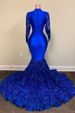 Exquisite Blue V-neck Sequins Long Sleeve Floor-length Mermaid Prom Dresses-misshow.com