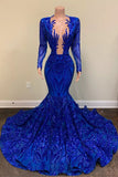 Exquisite Blue V-neck Sequins Long Sleeve Floor-length Mermaid Prom Dresses-misshow.com