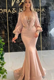 Exquisite Floor Length Long Sleeves Mermaid Satin Prom Dress with Appliques