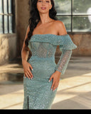 Exquisite Floor Length Long Sleeves Mermaid Sequined Prom Dress with Split-misshow.com