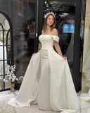 Exquisite Floor Length Off-The-Shoulder A-Line Satin Wedding Dress with Beads-misshow.com