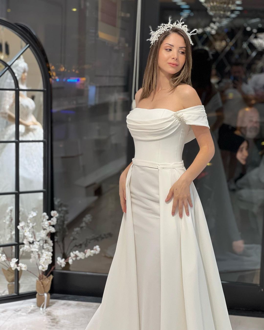 Exquisite Floor Length Off-The-Shoulder A-Line Satin Wedding Dress with Beads-misshow.com