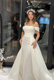 Exquisite Floor Length Off-The-Shoulder A-Line Satin Wedding Dress with Beads-misshow.com