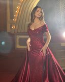 Exquisite Floor Length Off-The-Shoulder Mermaid Satin Prom Dress with Sequins-misshow.com