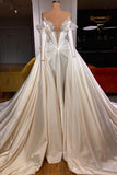 Exquisite Floor Length V-Neck Long Sleeves A-Line Satin Prom Dress with Beads-misshow.com