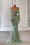 Exquisite Floor Length V-Neck Long Sleeves Mermaid Prom Dress with Sequins