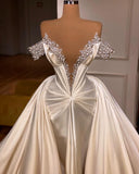 Exquisite Floor Length V-Neck Off-The-Shoulder A-Line Satin Prom Dress with Beads-misshow.com