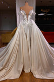 Exquisite Floor Length V-Neck Off-The-Shoulder A-Line Satin Prom Dress with Beads