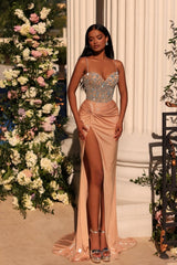 Exquisite Long Champagne Column Spaghetti Straps Lace Rhinestones Prom Evening Dresses with Slit