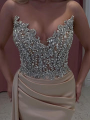 Exquisite Long Champagne Mermaid Strapless Jewels Prom Evening Dresses
