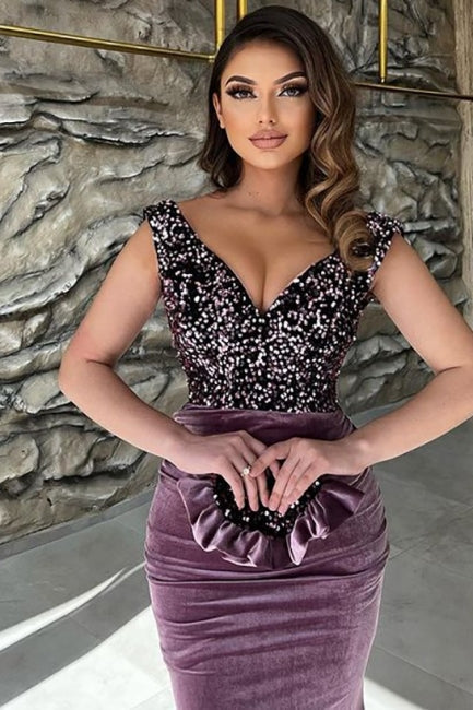 Exquisite Purple Sequins V-neck Sleeveless Floor-length Prom Evening Dresses-misshow.com