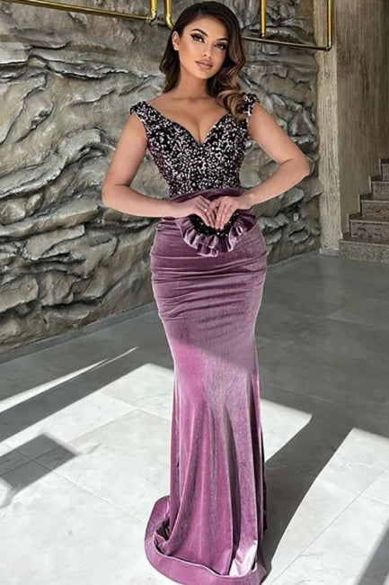 Exquisite Purple Sequins V-neck Sleeveless Floor-length Prom Evening Dresses-misshow.com
