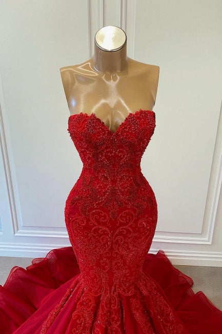 Exquisite Red Sequins Sweetheart Sleeveless Mermaid Prom Evening Dresses-misshow.com