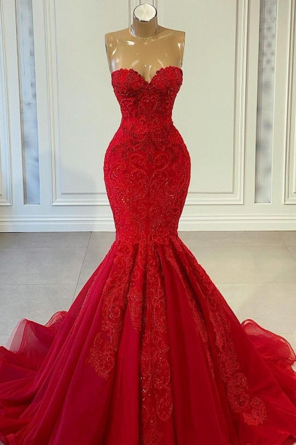 Exquisite Red Sequins Sweetheart Sleeveless Mermaid Prom Dresses-misshow.com