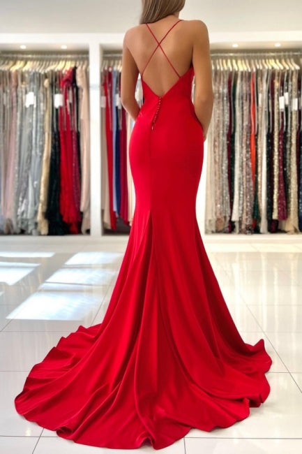 Exquisite Red Spaghetti Straps Sleeveless Mermaid Satin Prom Dresses-misshow.com
