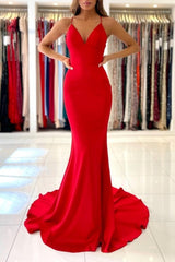 Exquisite Red Spaghetti Straps Sleeveless Mermaid Satin Prom Dresses-misshow.com