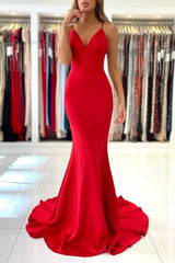 Exquisite Red Spaghetti Straps Sleeveless Mermaid Satin Prom Dresses-misshow.com