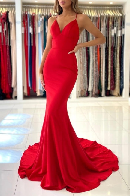 Exquisite Red Spaghetti Straps Sleeveless Mermaid Satin Prom Dresses-misshow.com