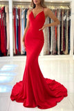 Exquisite Red Spaghetti Straps Sleeveless Mermaid Satin Prom Dresses