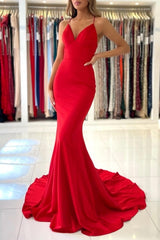 Exquisite Red Spaghetti Straps Sleeveless Mermaid Satin Prom Dresses-misshow.com