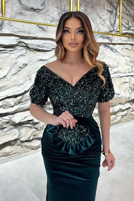 Exquisite Sequins V-neck Short Sleeve Floor-length Prom Evening Dresses-misshow.com