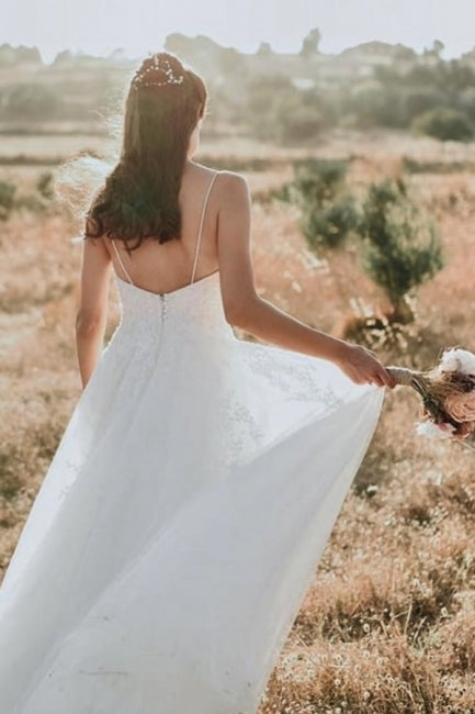 Exquisite Spaghetti Strap Sleeveless A-Line Floor-Length Lace Wedding Dresses-misshow.com