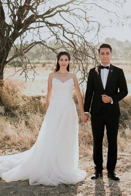 Exquisite Spaghetti Strap Sleeveless A-Line Floor-Length Lace Wedding Dresses-misshow.com
